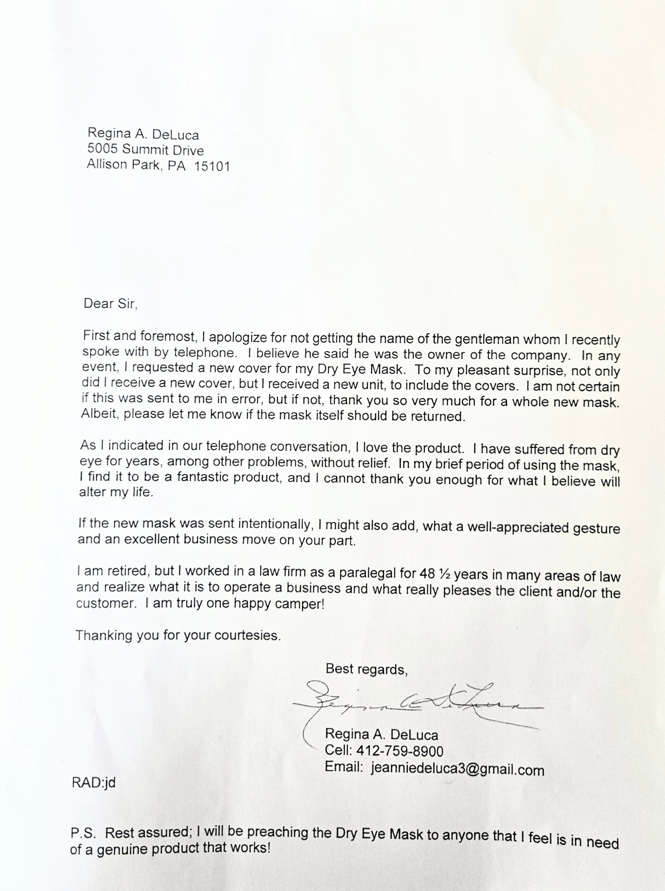 Customer letter from Regina A. DeLuca praising Wizard Research Heated Dry Eye Mask and sharing positive experience