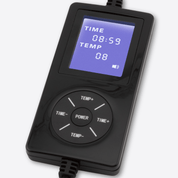 Close-up of Wizard Research electric heated eye mask digital controller with adjustable heat and timer