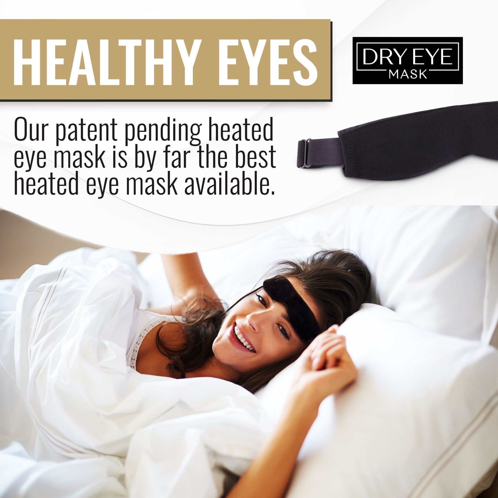 Wizard Research electric heated eye mask showing woman lying in bed with Healthy Eyes tagline