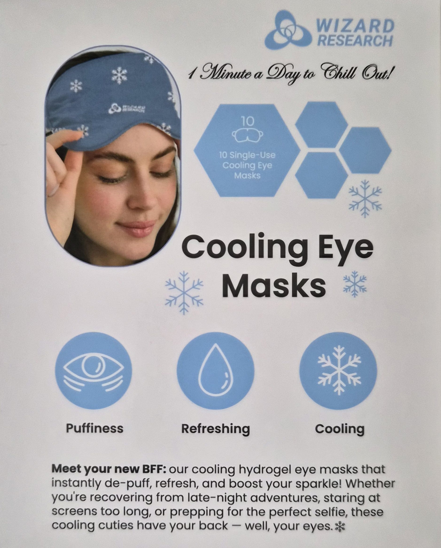Wizard Research single-use cooling eye mask with woman wearing mask to reduce puffiness