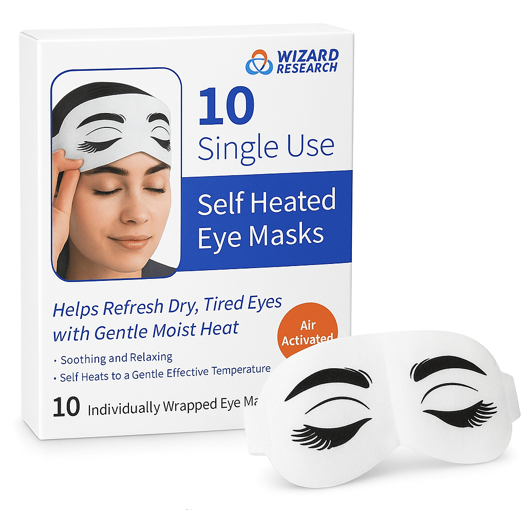 Wizard Research Single-Use Single Heated Eye Mask 10 pack box with individually wrapped masks