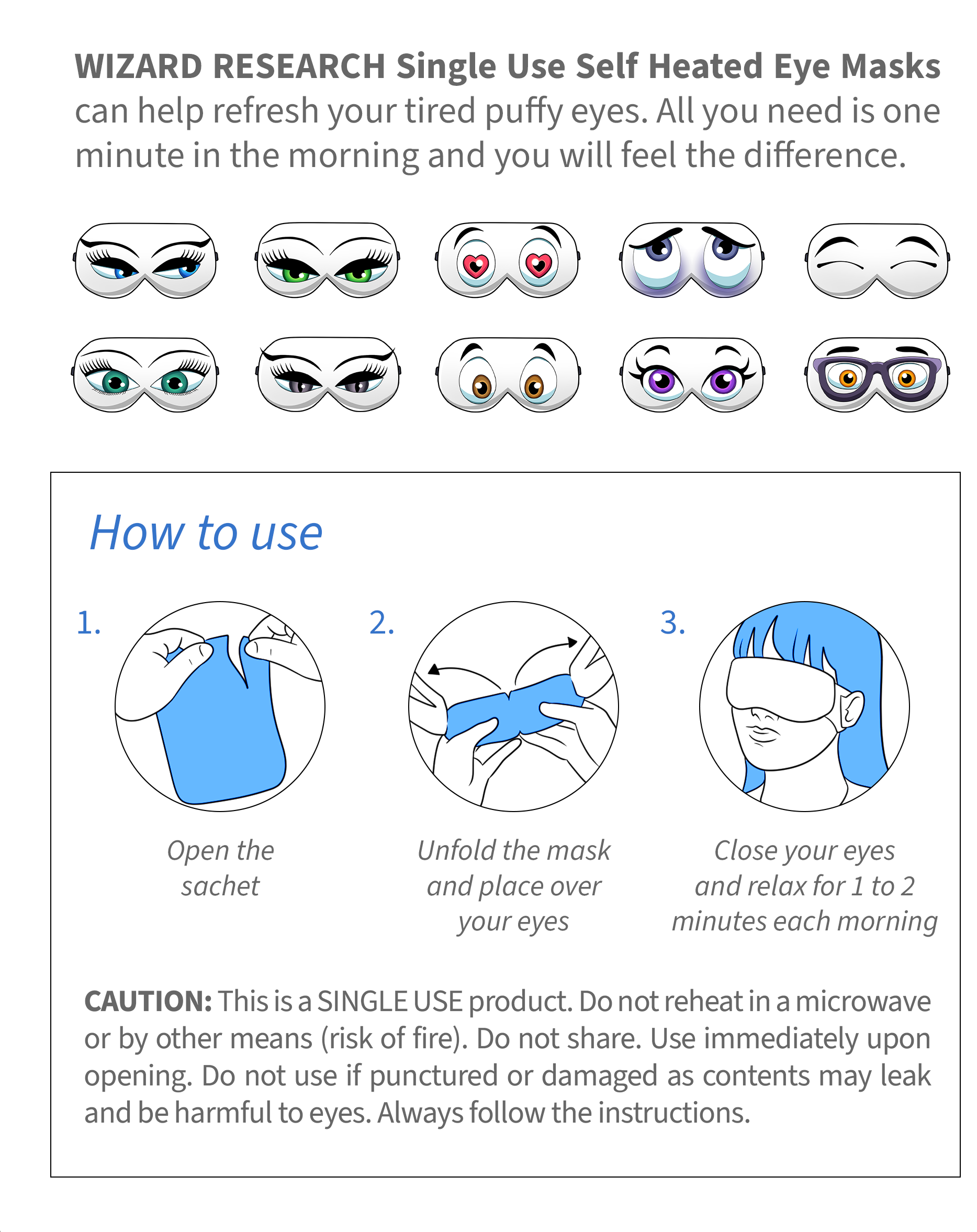 Wizard Research self-heated eye masks with illustrated instructions and a variety of eye mask styles shown above