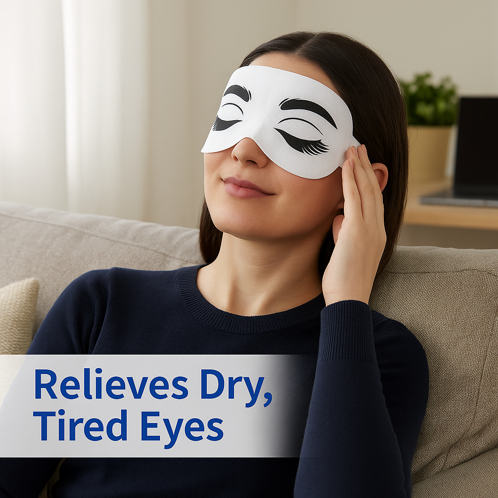 Woman wearing Wizard Research self-heated eye mask while relaxing on a couch with text that reads Relieves Dry, Tired Eyes