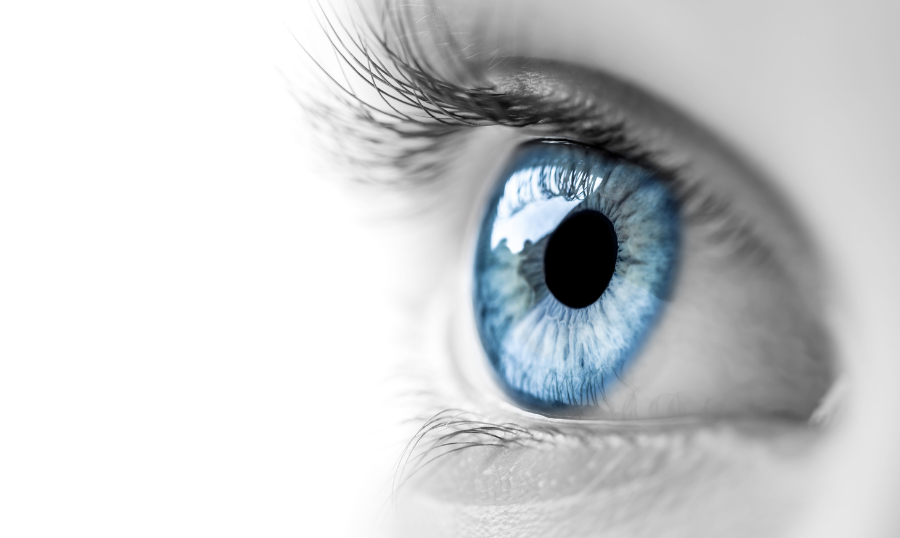 Close-up of a blue human eye representing vision health and dry eye awareness