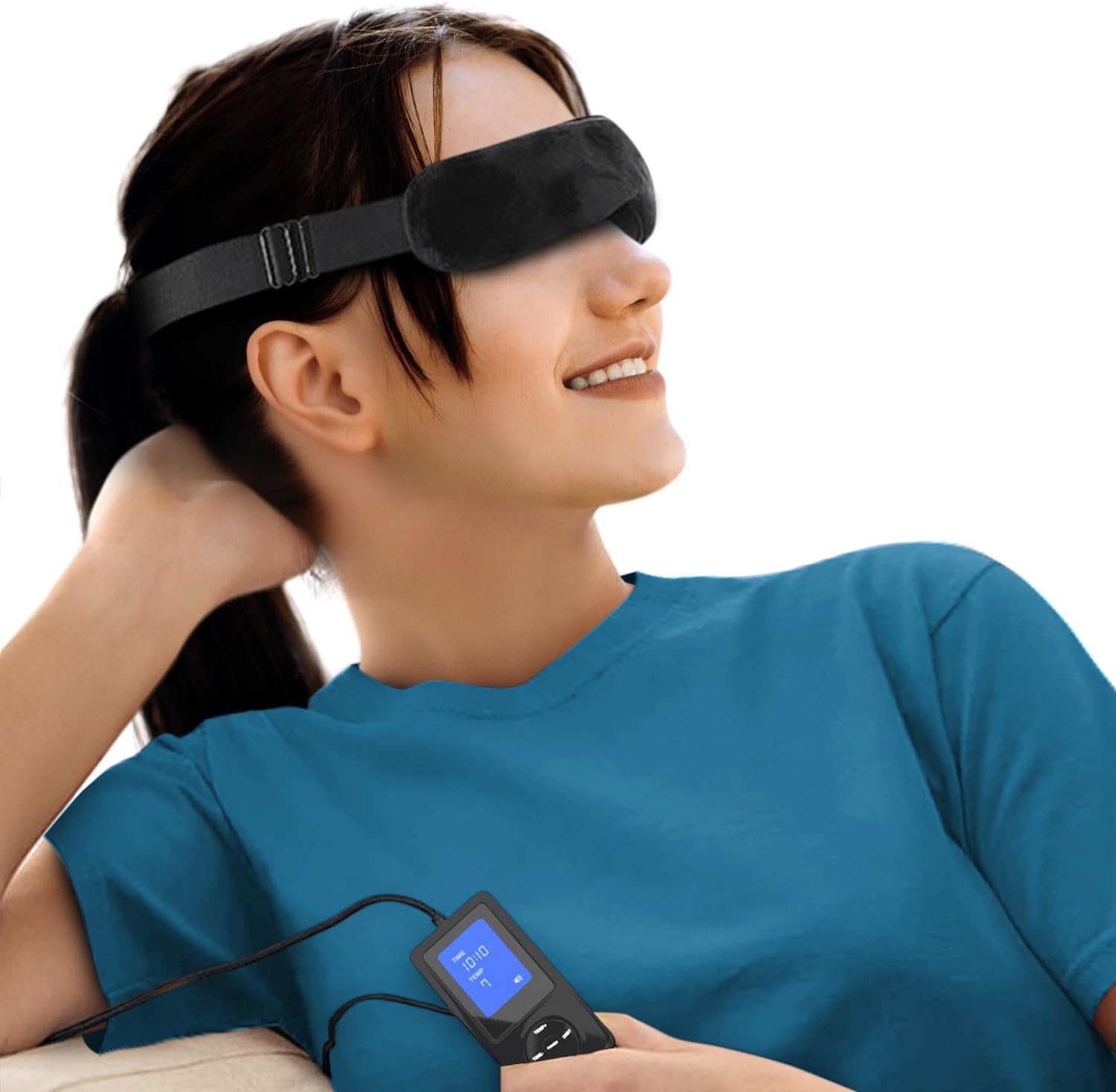 Woman wearing the Wizard Research electric heated eye mask with adjustable strap and digital temperature controller in hand