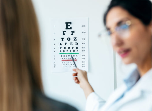 Eye doctor pointing at vision chart during exam, supporting Wizard Research heated eye mask for dry eye care and eye health