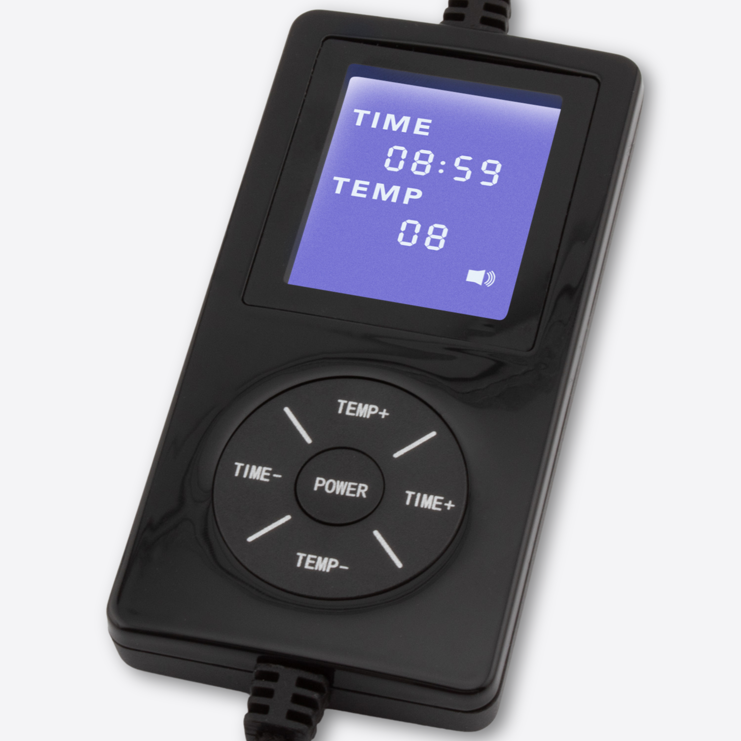 Close-up of Wizard Research electric eye mask digital controller showing time and temperature settings