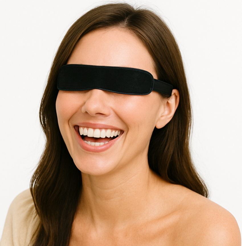 Smiling woman wearing the Wizard Research Heated Dry Eye Mask for dry eye relief and relaxation demo image
