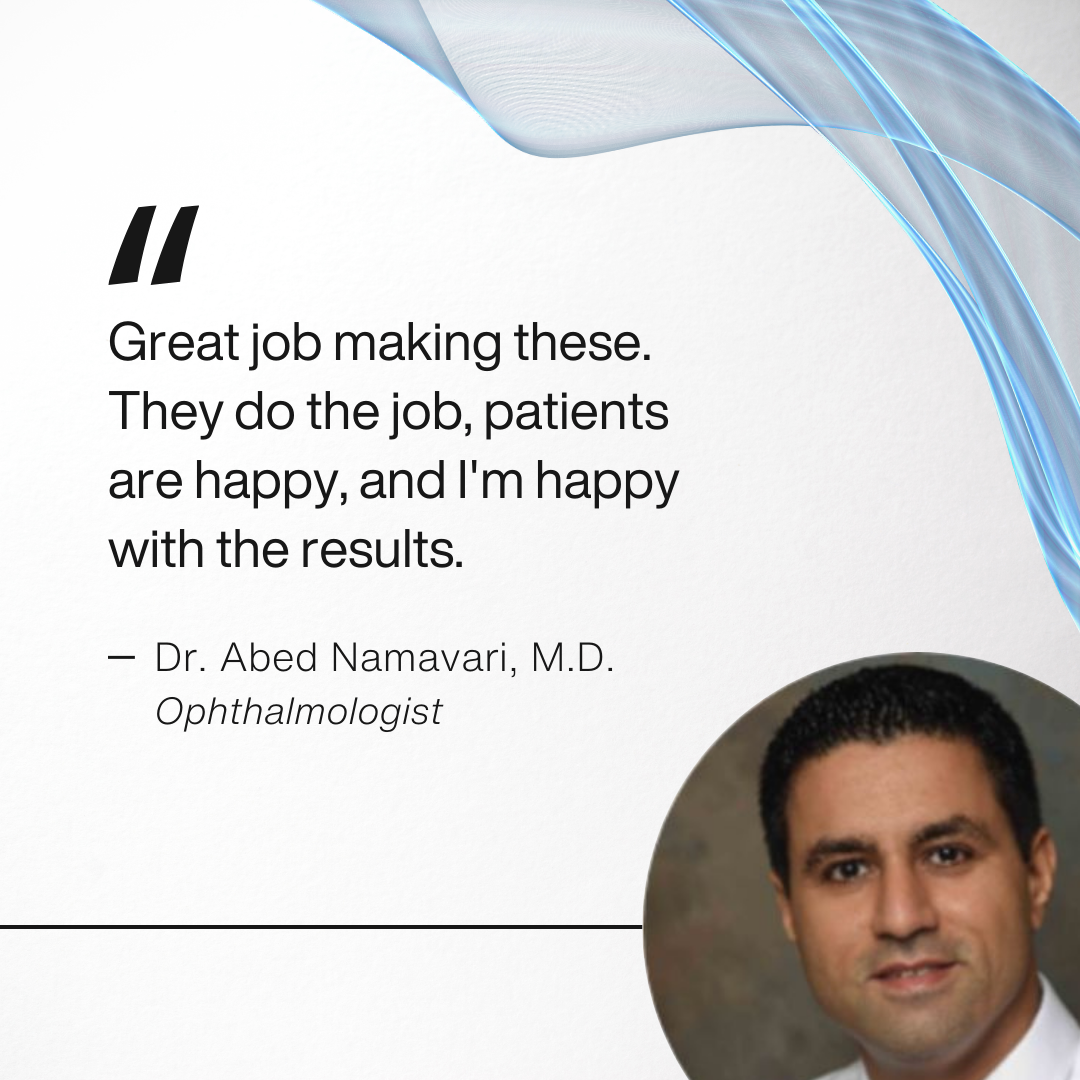 Testimonial from ophthalmologist Dr. Abed Namavari praising Wizard Research heated eye mask, positive review about patient results