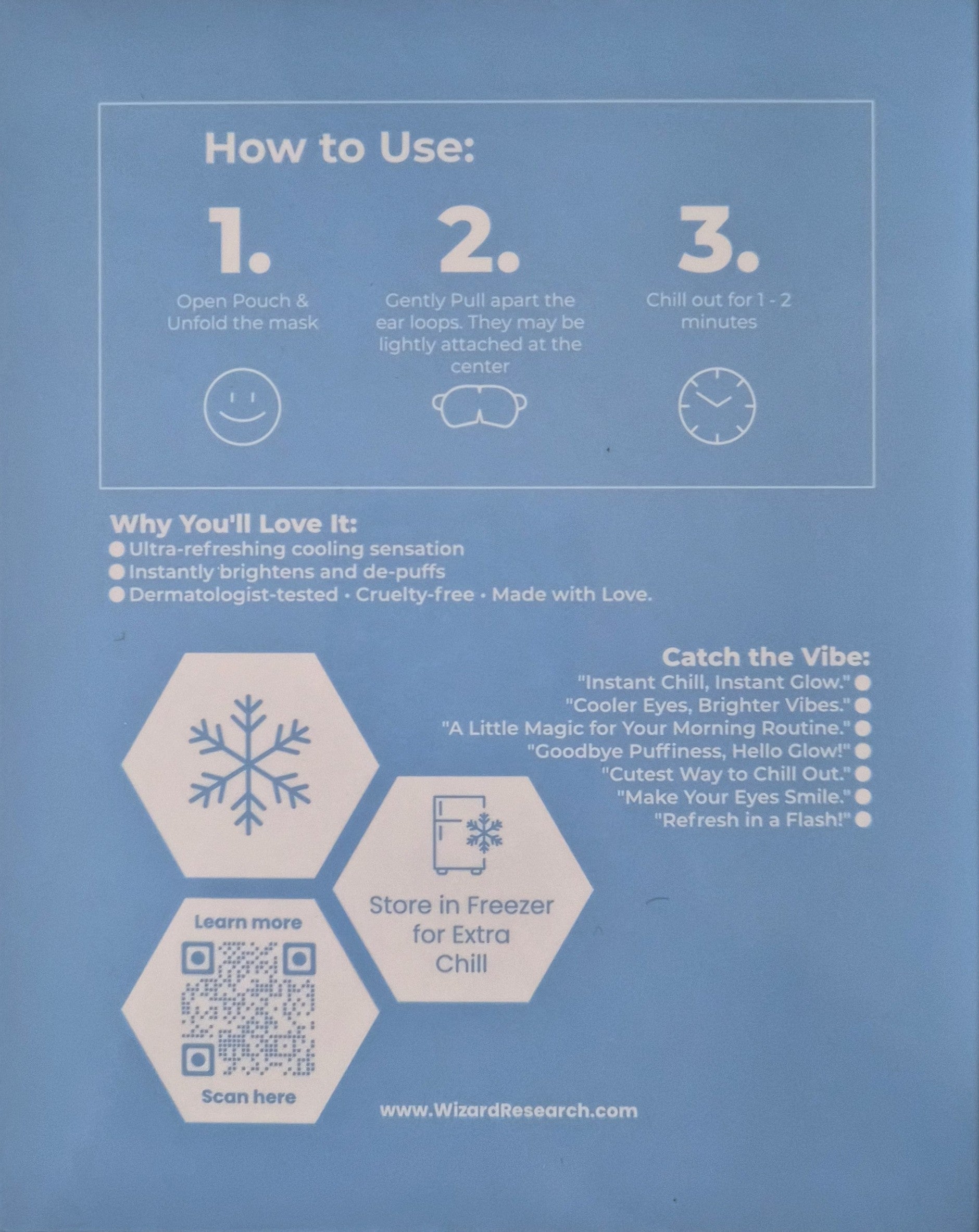 Wizard Research single-use cooling eye mask instructions on blue background
