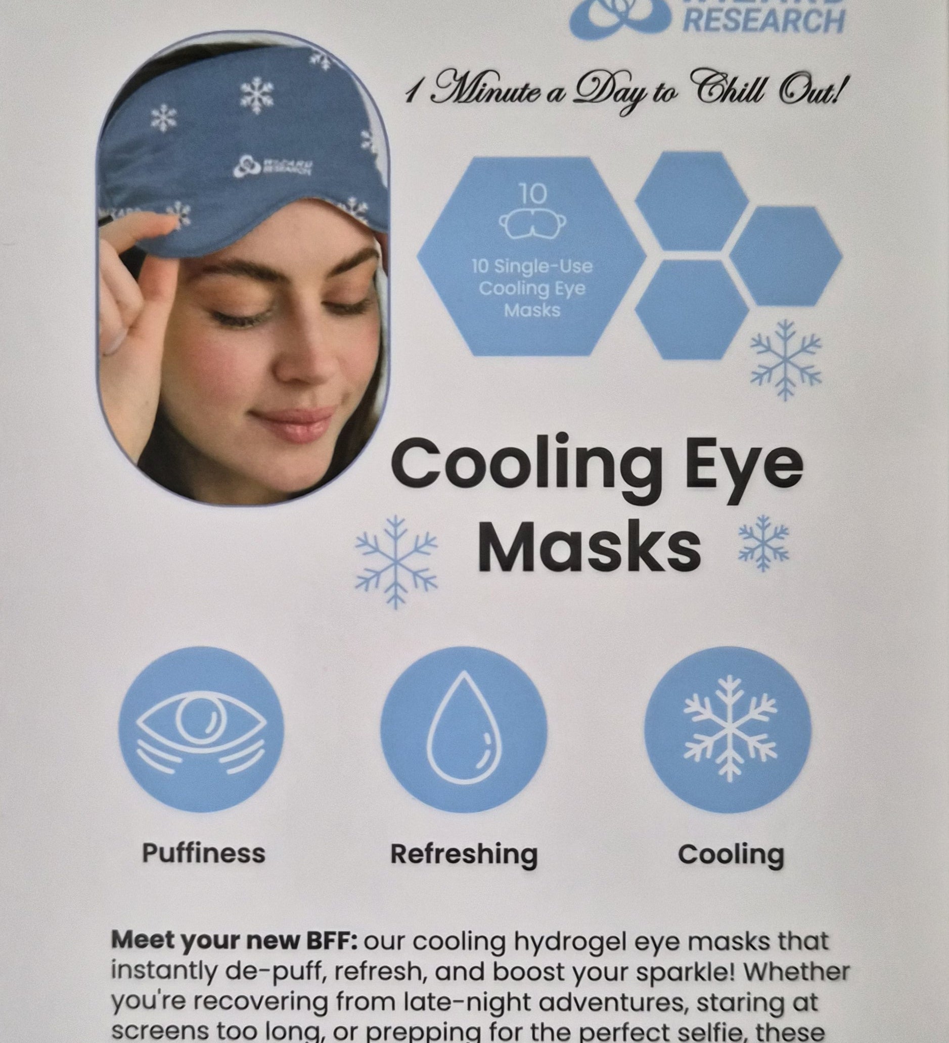 Wizard Research single-use cooling eye mask with woman wearing mask to reduce puffiness
