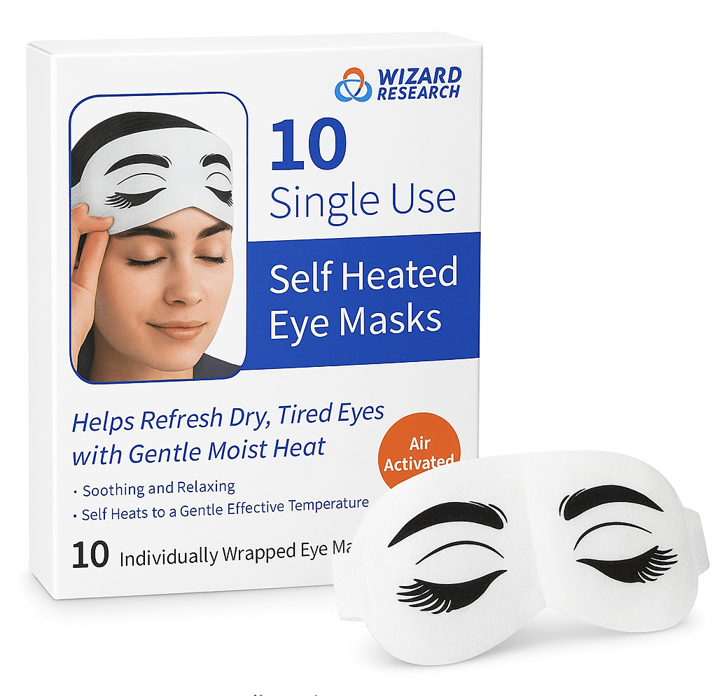 Wizard Research Single-Use Self Heated Eye Masks 10 pack box with individually wrapped masks
